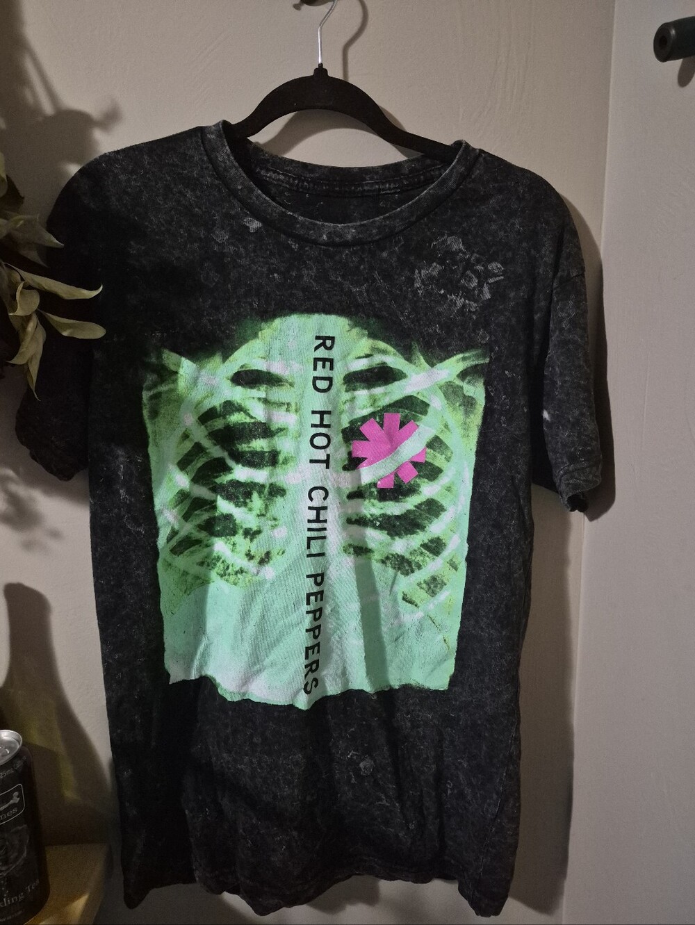 VTG Red Hot Chili Peppers Acid Wash Black Neon Green Skeleton Band Tee Men's Med